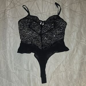 Haute Monde Black Leopard Sequin Lace Bralette Bodysuit L